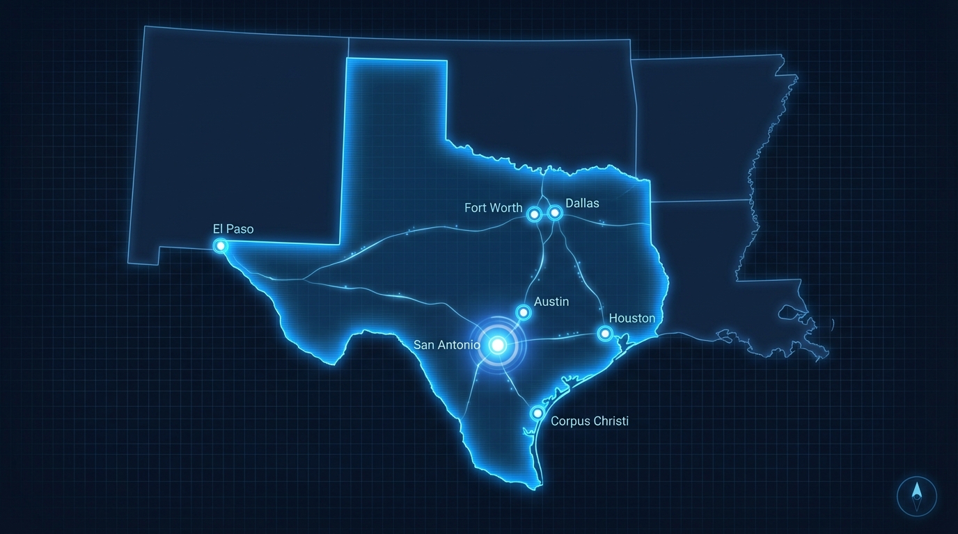 Map showing Astro Audio Visual service areas across Texas including San Antonio, Austin, Houston, Dallas, Fort Worth, El Paso, and Corpus Christi