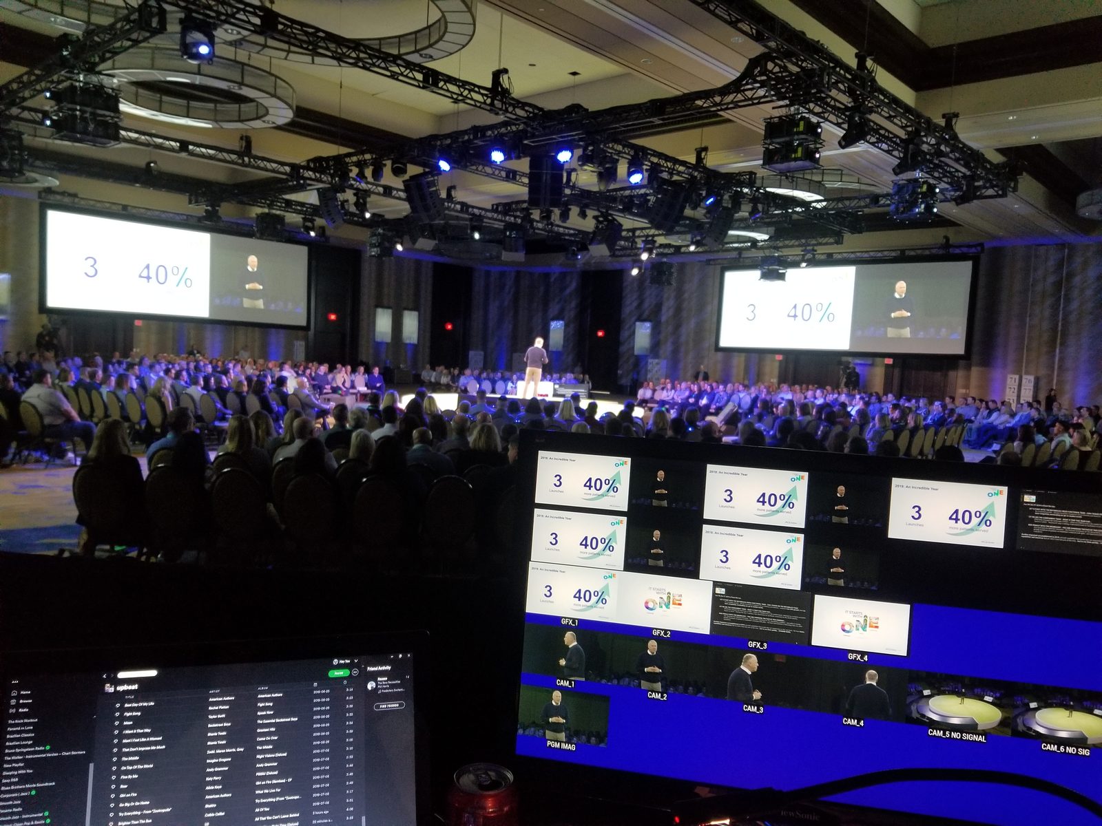 Behind the scenes view of live video switching and multi-camera production at a corporate general session